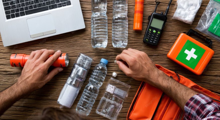 A flashlight, bottled water, a radio, and a first aid kit laid out on a wooden table