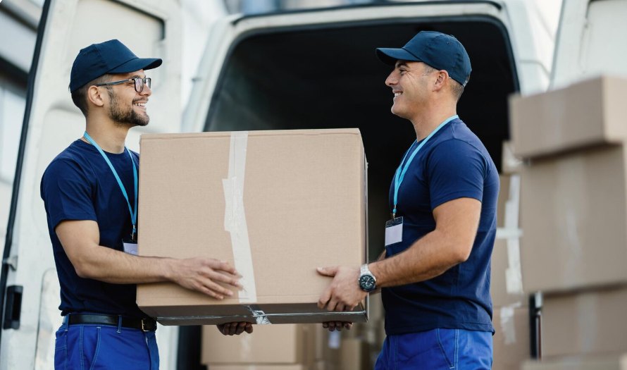 Two movers in navy shirts and caps passing a cardboard box beside a van