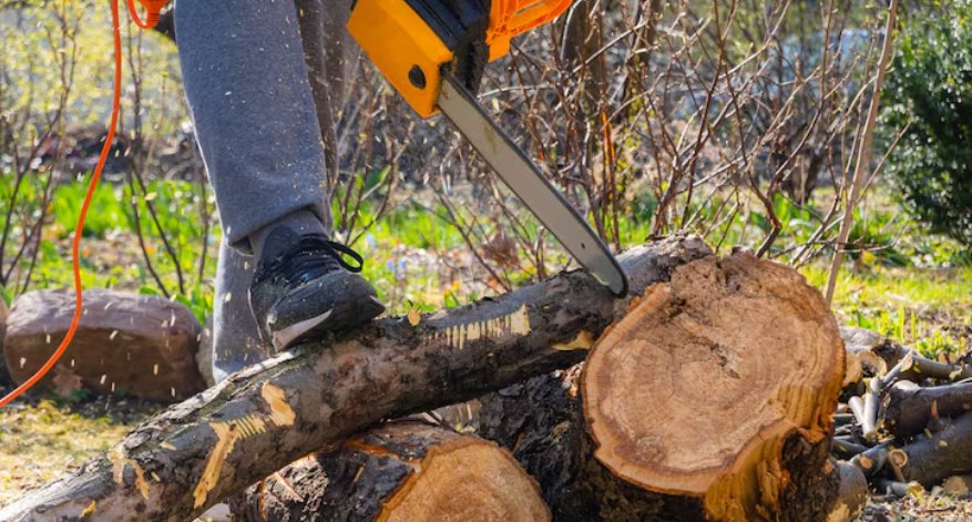A person cutting a log with a yellow chainsaw on a grassy lawn